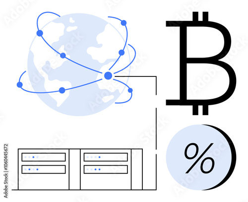 Networked globe connected by dots, Bitcoin symbol, data servers, and percentage icon. Ideal for cryptocurrency, blockchain technology, global finance, data storage, digital transactions, fintech