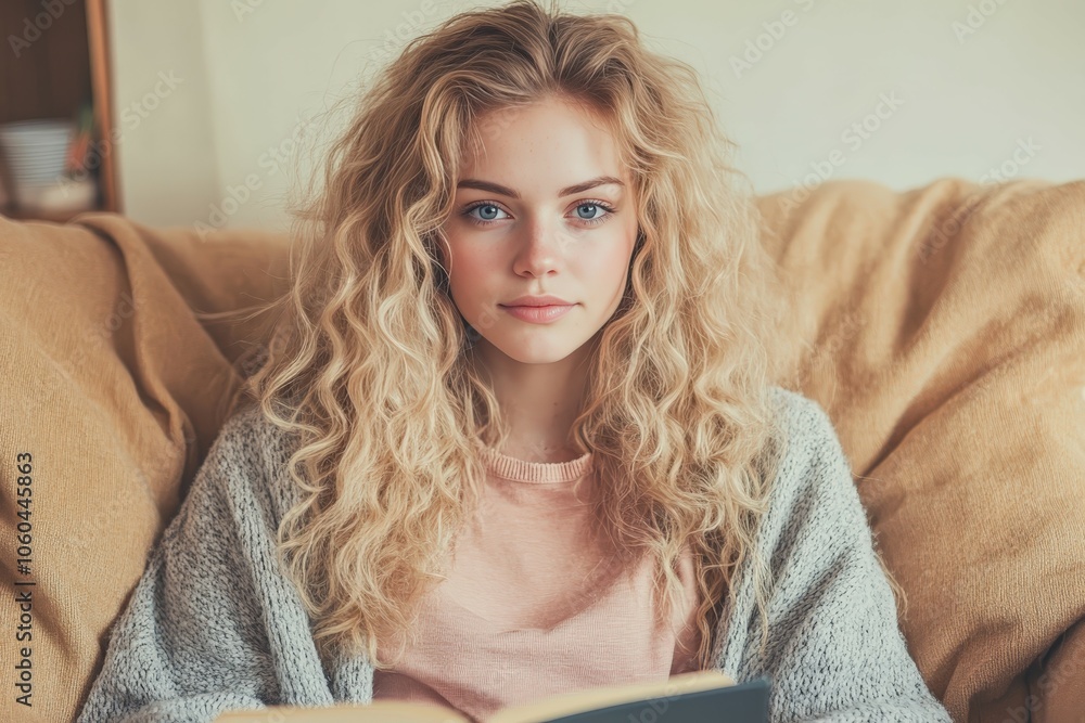 Naklejka premium Close-up of a young woman with painted lips and beautiful fingernails, drinking a cappuccino in a café and reading the newspaper. Beautiful simple AI generated image