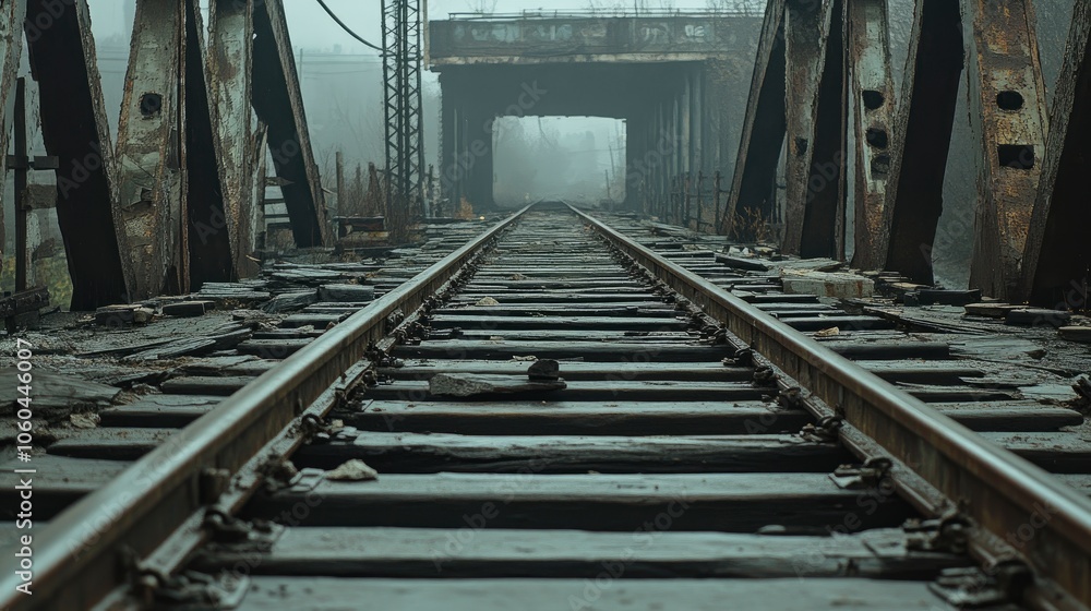 Abandoned Railroad Tracks Under Foggy Bridge Abandoned Railroad Tracks Under Foggy Bridge