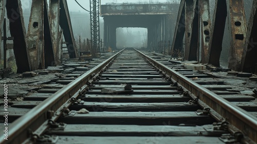 Abandoned Railroad Tracks Under Foggy Bridge