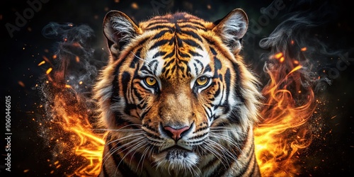 Captivating Double Exposure Portrait of a Tiger Staring into Darkness with Fiery Effects