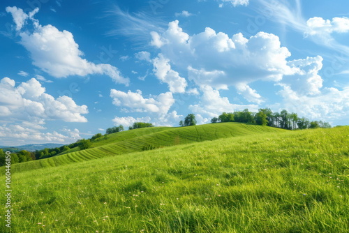 Smooth meadow on the hill with blue sky, beautiful landscape