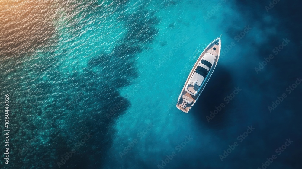 Yacht on the water surface from top view. Turquoise water background from top view. Summer seascape from air. Travel concept and idea. Yacht on the water surface from top view. Turquoise water background from top view. Summer seascape from air. Travel concept and idea.