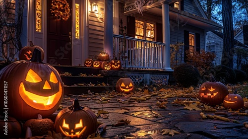 This image illustrates a festive Halloween night with creatively carved pumpkins radiating light, perfectly complementing the warmly decorated front porch area.