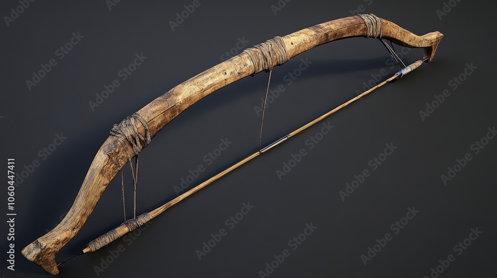Obraz premium Wooden Bow and Arrow with String Isolated on Grey Background