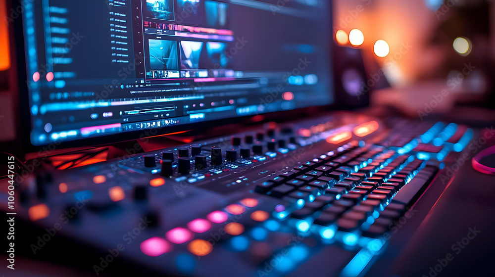 Closeup of Audio Mixing Console and Keyboard Closeup of Audio Mixing Console and Keyboard