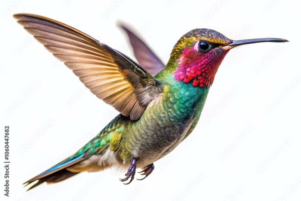 Obraz premium Captivating Hummingbird in Flight Isolated on White Background - Stunning Nature Photography, Vibrant Colors, Wildlife Beauty, High Resolution, Bird Watching, Natural Habitat, Macro Shot