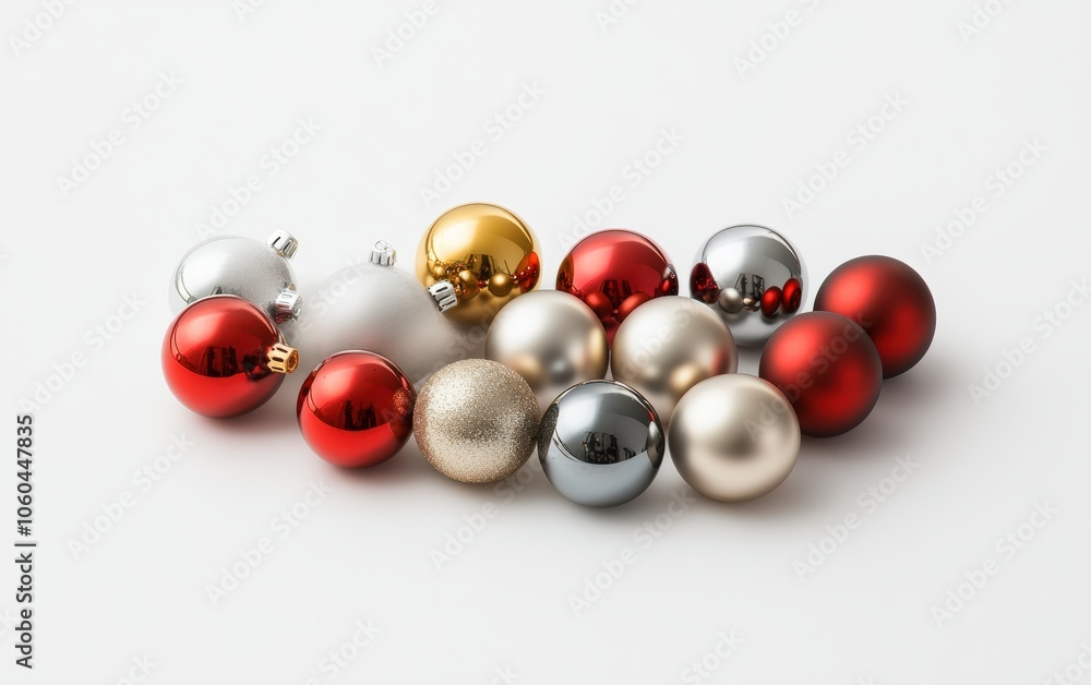 Ornament Cluster Close-up of a small cluster of Christmas ornaments in red, silver, and gold, laid out in a minimalist arrangement on a pure white background, with soft shadows Ornament Cluster Close-up of a small cluster of Christmas ornaments in red, silver, and gold, laid out in a minimalist arrangement on a pure white background, with soft shadows
