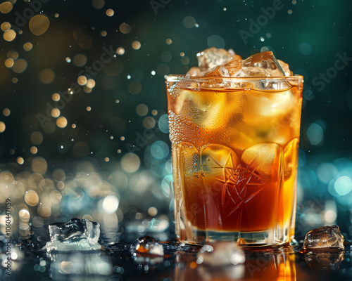 Refreshing ice coffee sits elegantly on table, surrounded by glistening ice cubes and backdrop of soft bokeh lights, creating vibrant and inviting atmosphere