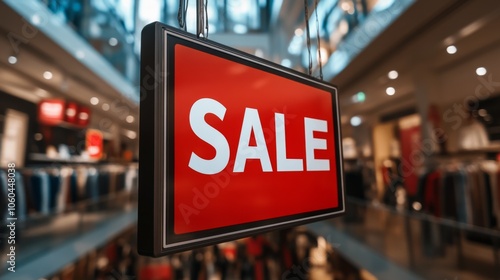 A prominent red 'Sale' sign displayed in a bustling retail clothing store, surrounded by racks of fashionable clothes in a modern shopping mall setting.