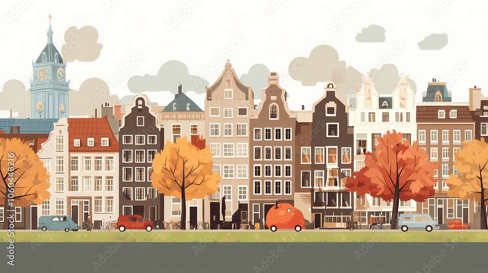 Fototapeta premium A flat design of the cityscape of Amsterdam with brown. There are several cars parked on both sides of the street under trees with colored leaves.