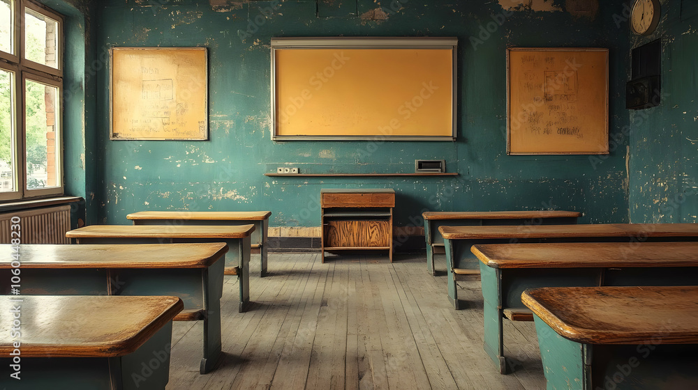 Empty Classroom with Desks and Chalkboard - Realistic Image Empty Classroom with Desks and Chalkboard - Realistic Image