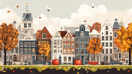 A flat design of the cityscape of Amsterdam with brown. There are several cars parked on both sides of the street under trees with colored leaves.