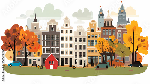 A flat design of the cityscape of Amsterdam with brown. There are several cars parked on both sides of the street under trees with colored leaves.