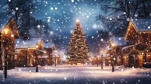 Snowy Holiday Village with Decorated Tree and Cozy Atmosphere