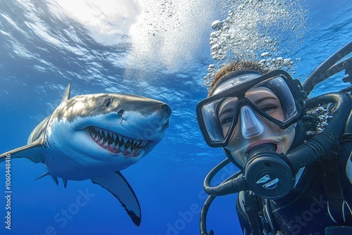 Wallpaper Mural a scuba diver taking a selfie with a great white shark Torontodigital.ca