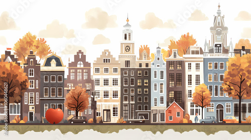 A flat design of the cityscape of Amsterdam with brown. There are several cars parked on both sides of the street under trees with colored leaves.