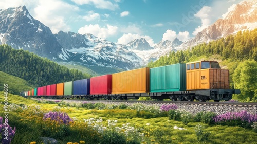 A freight train traveling through a scenic landscape, carrying colorful shipping containers,