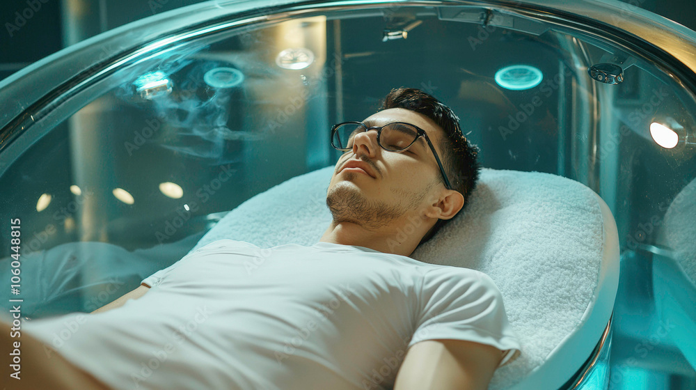 A man relaxes in a pod-like chamber, surrounded by soft lighting, experiencing a calming treatment for wellness and rejuvenation. A man relaxes in a pod-like chamber, surrounded by soft lighting, experiencing a calming treatment for wellness and rejuvenation.