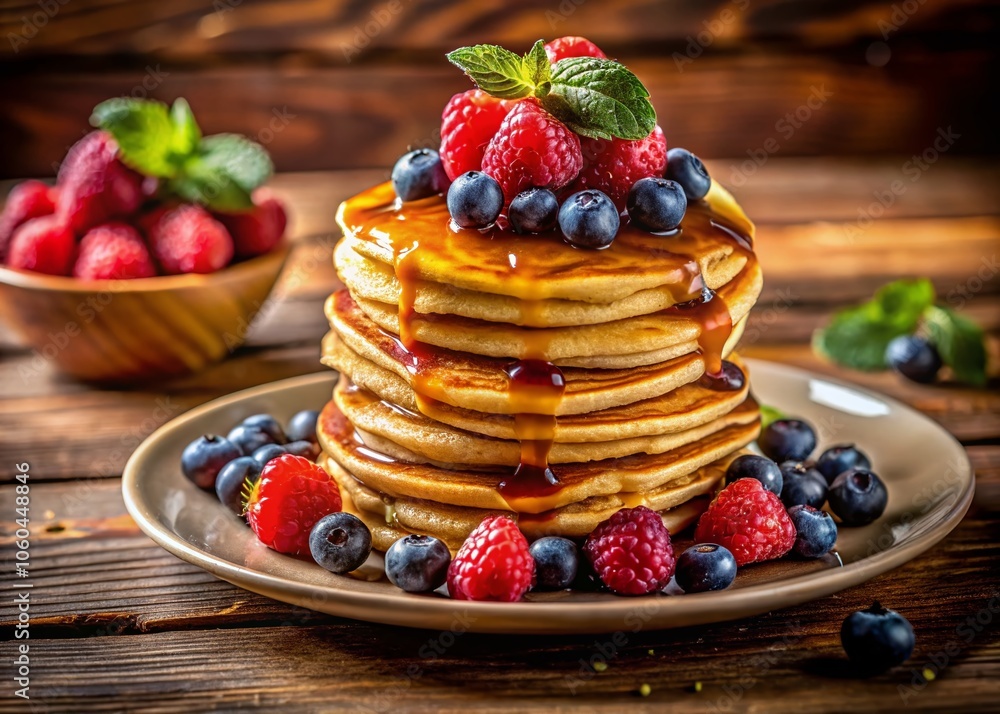 Captivating Low Light Photography of a Delicious Stack of Pancakes on a Table with Syrup and Berries for a Cozy Breakfast Atmosphere Captivating Low Light Photography of a Delicious Stack of Pancakes on a Table with Syrup and Berries for a Cozy Breakfast Atmosphere