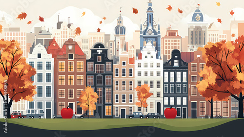 A flat design of the cityscape of Amsterdam with brown. There are several cars parked on both sides of the street under trees with colored leaves.