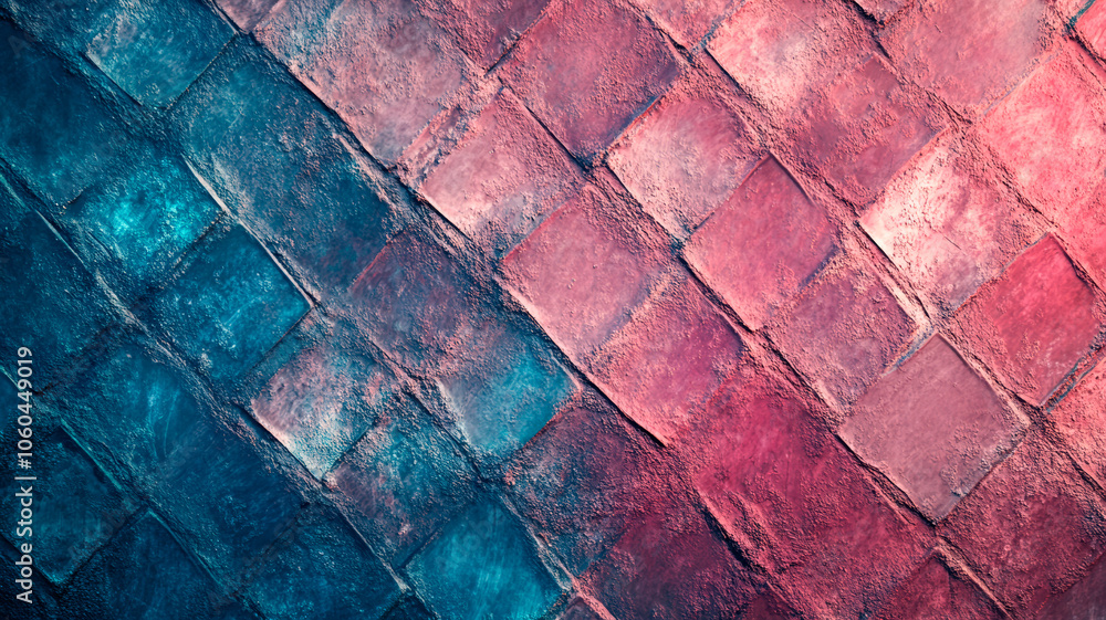 Abstract background with pink and turquoise gradient colors. Diagonal geometric pattern with light effect. Metallic tile texture. Modern architectural design concept. Abstract background with pink and turquoise gradient colors. Diagonal geometric pattern with light effect. Metallic tile texture. Modern architectural design concept.