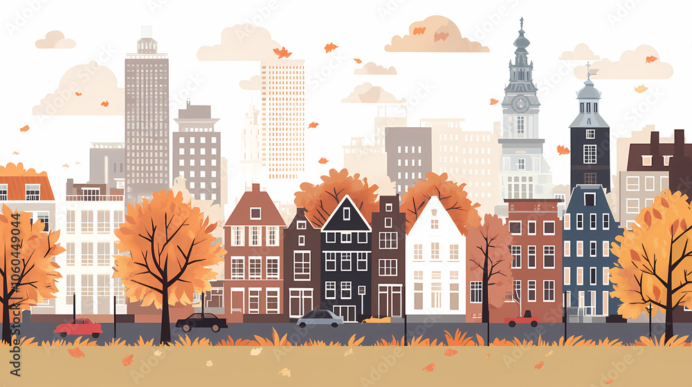 Obraz premium A flat design of the cityscape of Amsterdam with brown. There are several cars parked on both sides of the street under trees with colored leaves.