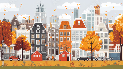 A flat design of the cityscape of Amsterdam with brown. There are several cars parked on both sides of the street under trees with colored leaves.
