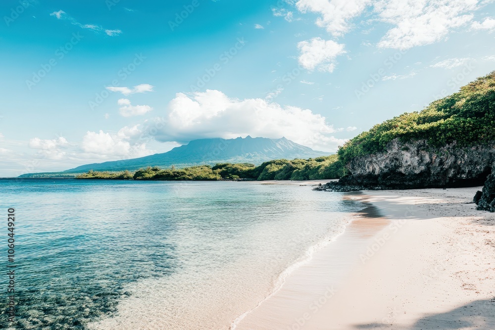 Obraz premium A serene sunset scene over the ocean on a cloudy day, perfect for travel or nature-themed projects. Beautiful simple AI generated image