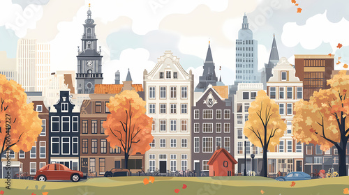 A flat design of the cityscape of Amsterdam with brown. There are several cars parked on both sides of the street under trees with colored leaves.