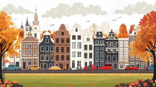 A flat design of the cityscape of Amsterdam with brown. There are several cars parked on both sides of the street under trees with colored leaves.