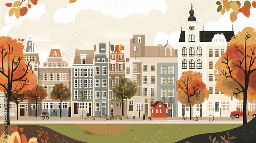 A flat design of the cityscape of Amsterdam with brown. There are several cars parked on both sides of the street under trees with colored leaves.