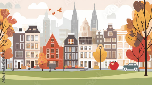 A flat design of the cityscape of Amsterdam with brown. There are several cars parked on both sides of the street under trees with colored leaves.