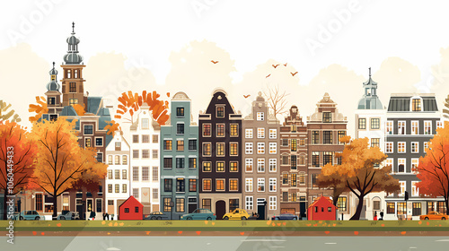 A flat design of the cityscape of Amsterdam with brown. There are several cars parked on both sides of the street under trees with colored leaves.