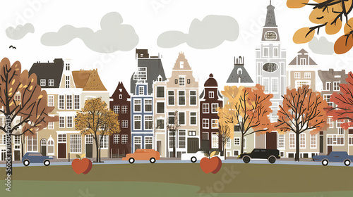 A flat design of the cityscape of Amsterdam with brown. There are several cars parked on both sides of the street under trees with colored leaves.