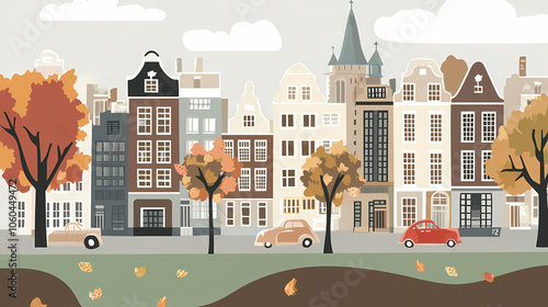 A flat design of the cityscape of Amsterdam with brown. There are several cars parked on both sides of the street under trees with colored leaves.