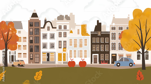A flat design of the cityscape of Amsterdam with brown. There are several cars parked on both sides of the street under trees with colored leaves.