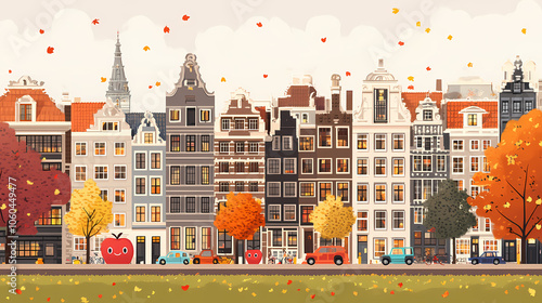 A flat design of the cityscape of Amsterdam with brown. There are several cars parked on both sides of the street under trees with colored leaves.