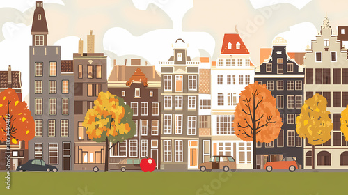 A flat design of the cityscape of Amsterdam with brown. There are several cars parked on both sides of the street under trees with colored leaves.
