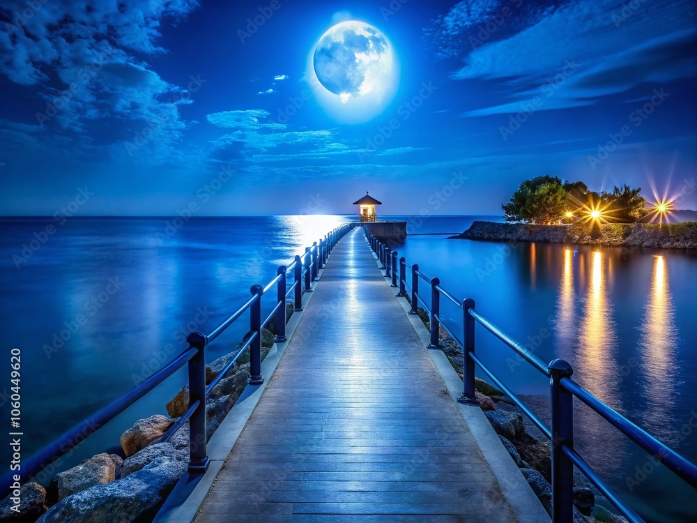 Fototapeta premium Captivating Moonlit Path over Serene Sea: Architectural Nightscape in Vector Blue, Evoking Tranquility and Beauty