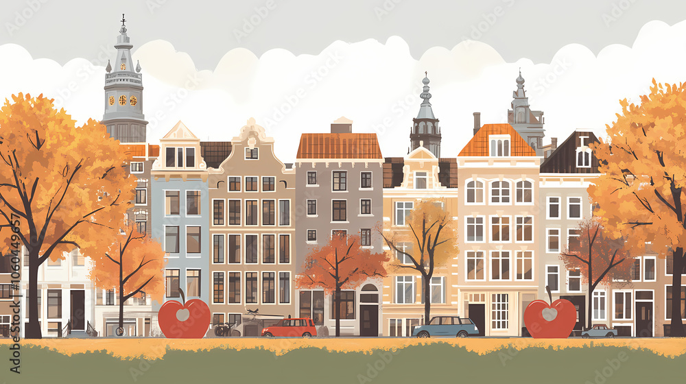 Fototapeta premium A flat design of the cityscape of Amsterdam with brown. There are several cars parked on both sides of the street under trees with colored leaves.