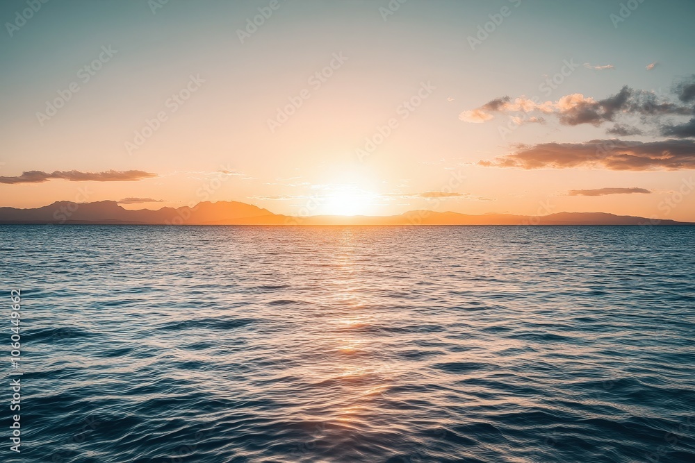 Obraz premium A serene sunset scene over the ocean on a cloudy day, perfect for travel or nature-themed projects. Beautiful simple AI generated image