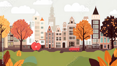 A flat design of the cityscape of Amsterdam with brown. There are several cars parked on both sides of the street under trees with colored leaves.