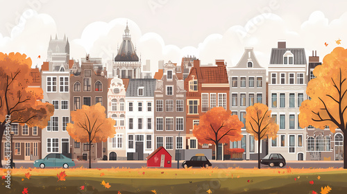 A flat design of the cityscape of Amsterdam with brown. There are several cars parked on both sides of the street under trees with colored leaves.