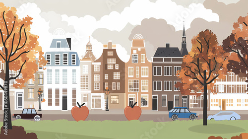 A flat design of the cityscape of Amsterdam with brown. There are several cars parked on both sides of the street under trees with colored leaves.