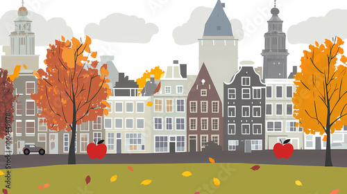 A flat design of the cityscape of Amsterdam with brown. There are several cars parked on both sides of the street under trees with colored leaves.
