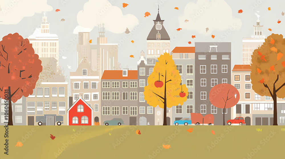 A flat design of the cityscape of Amsterdam with brown. There are several cars parked on both sides of the street under trees with colored leaves. A flat design of the cityscape of Amsterdam with brown. There are several cars parked on both sides of the street under trees with colored leaves.