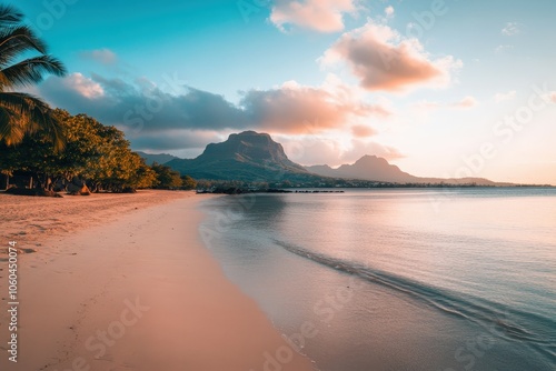 A serene sunset scene over the ocean on a cloudy day, perfect for travel or nature-themed projects. Beautiful simple AI generated image