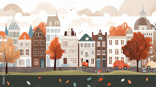 A flat design of the cityscape of Amsterdam with brown. There are several cars parked on both sides of the street under trees with colored leaves.