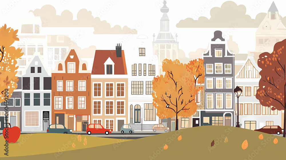 A flat design of the cityscape of Amsterdam with brown. There are several cars parked on both sides of the street under trees with colored leaves. A flat design of the cityscape of Amsterdam with brown. There are several cars parked on both sides of the street under trees with colored leaves.